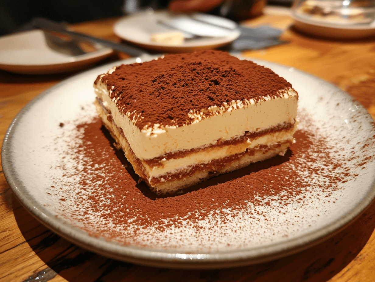 Classic tiramisu dessert on a white plate with a dusting of cocoa powder