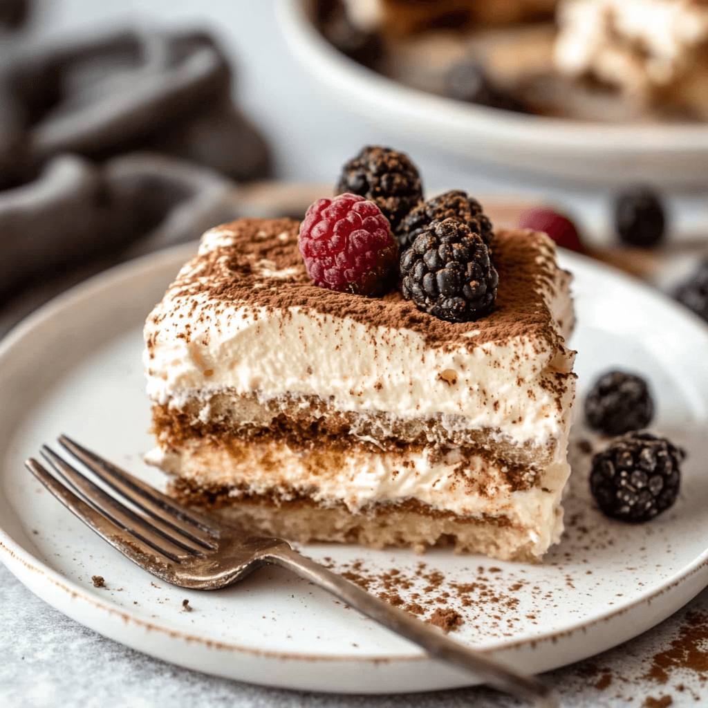A single slice of tiramisu on a white plate with a fork