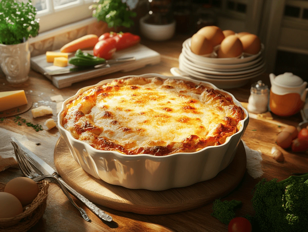 A perfectly baked breakfast casserole with golden-brown topping.