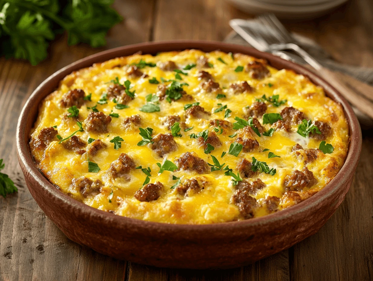 A golden-brown brunch casserole with sausage, cheese, and eggs on a wooden table.