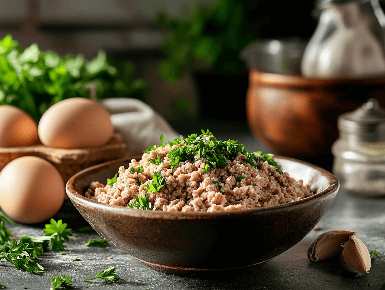 Eggs and meatball ingredients on a kitchen counter