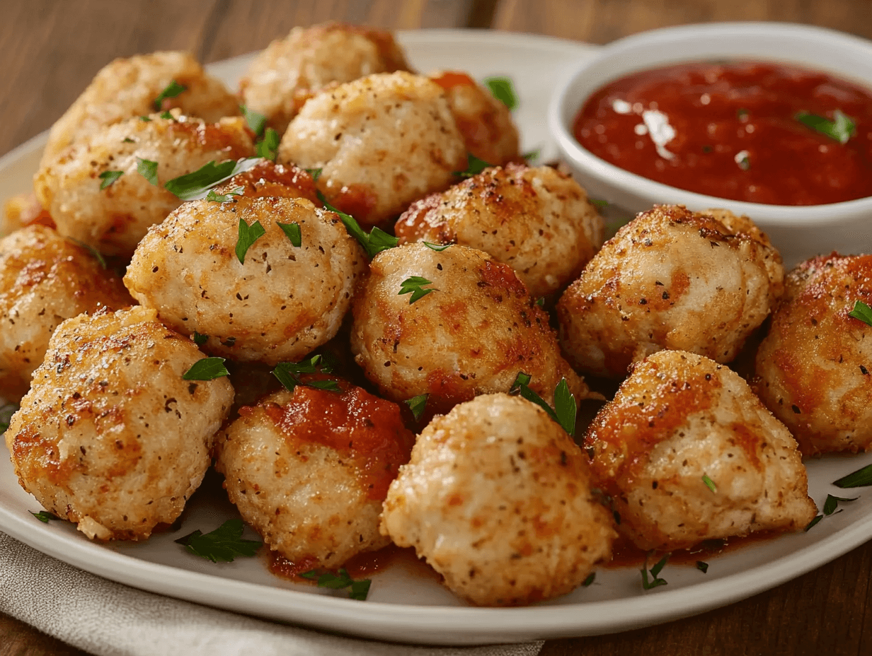 A plate of perfectly cooked chicken meatballs garnished with herbs.