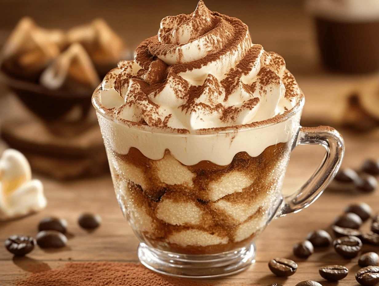 A steaming cup of Tiramisu Coffee with whipped cream and cocoa powder.