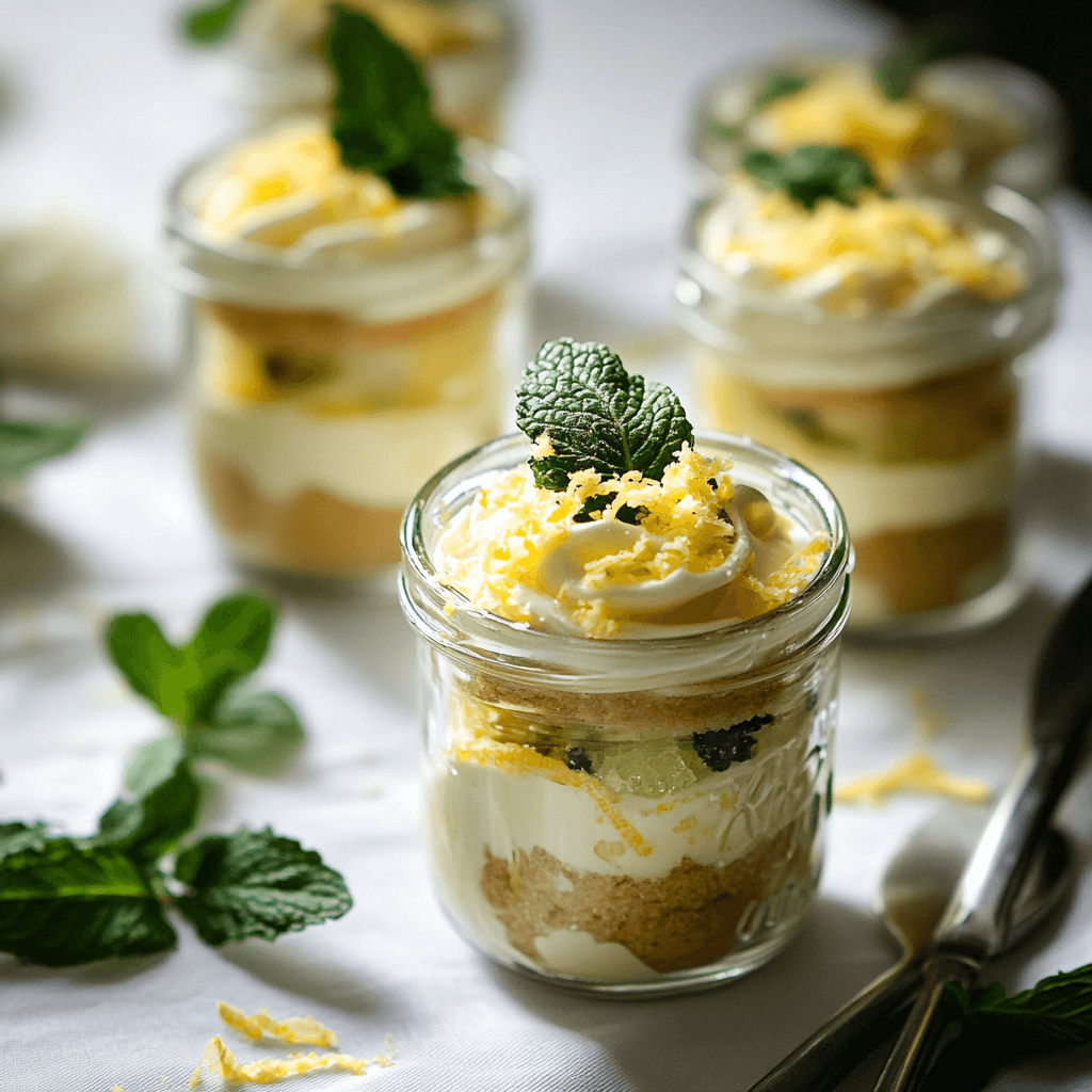 Individual servings of Limoncello Tiramisu in glass jars.