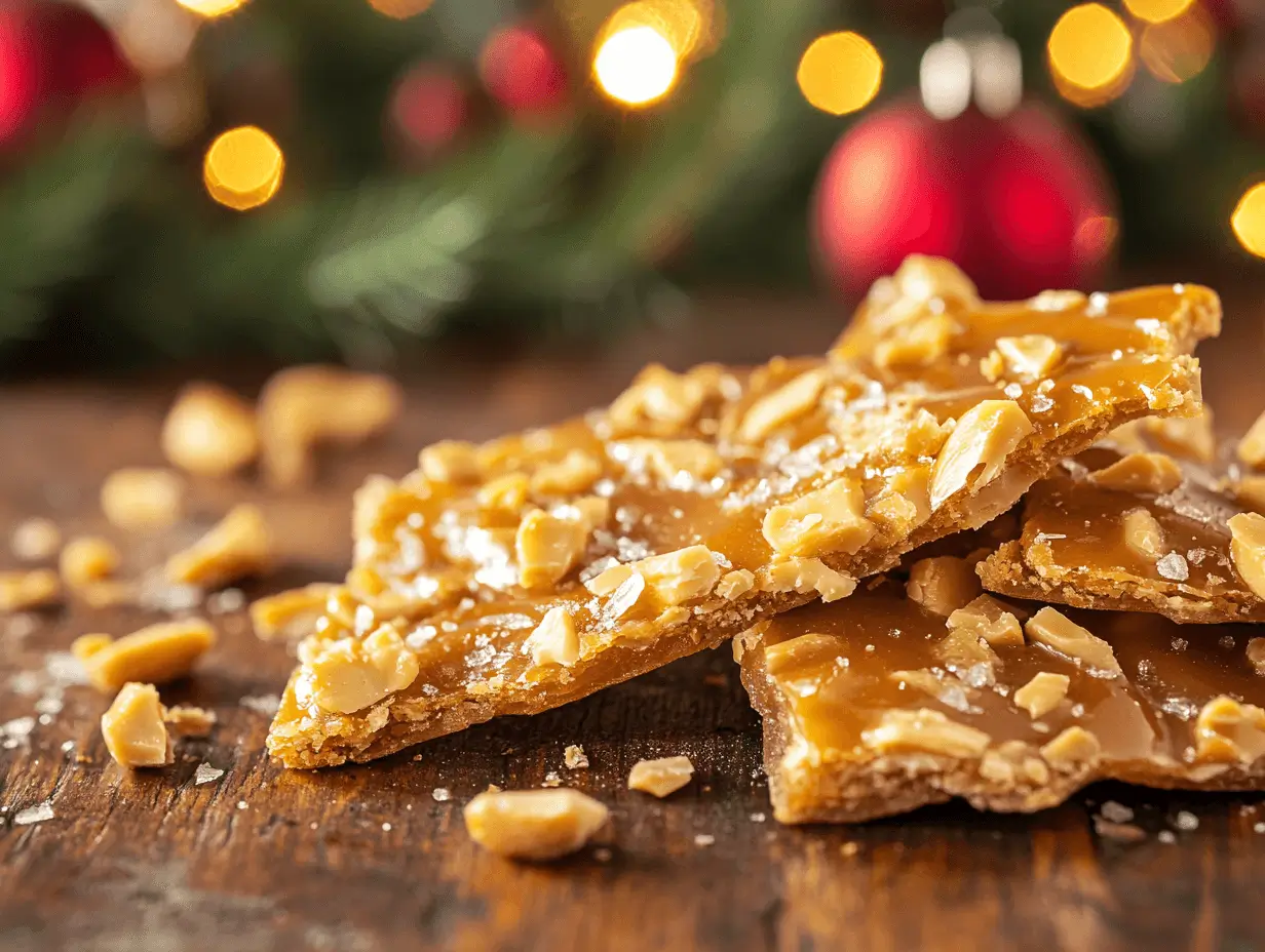 A glossy sheet of peanut brittle broken into smaller pieces.