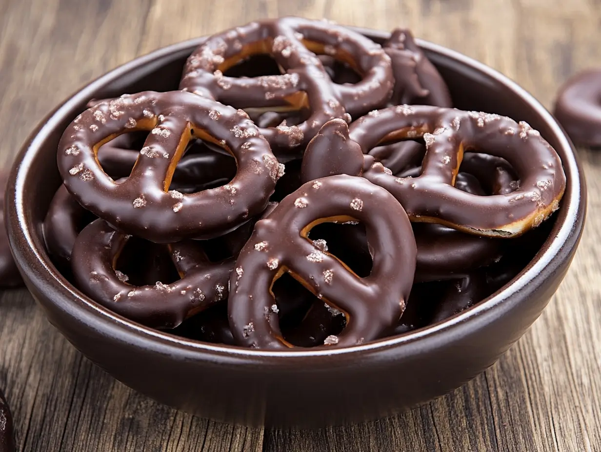 A bowl of chocolate-covered pretzels on a rustic wooden table.