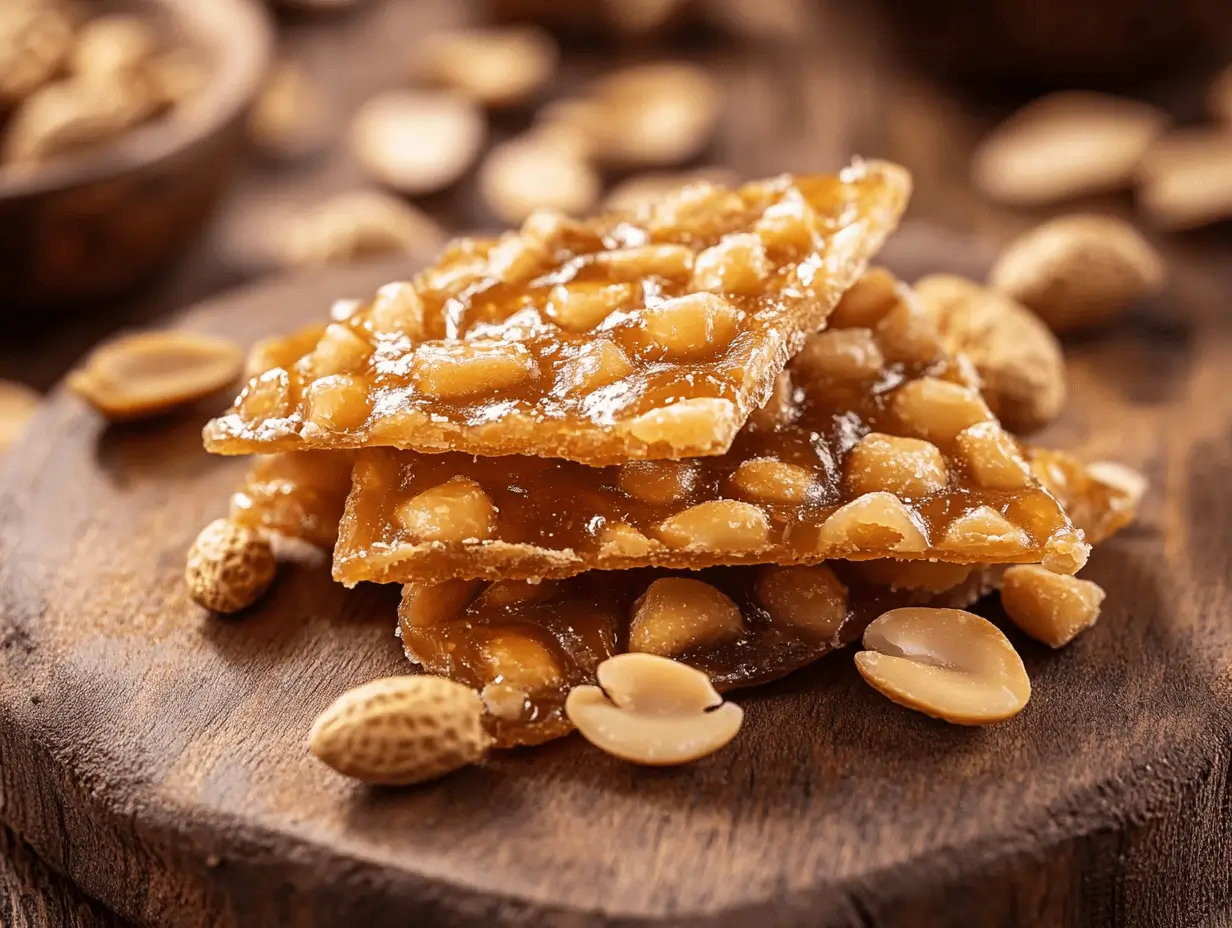 What is peanut brittle made of? A close-up of golden, crispy peanut brittle pieces on a wooden board, surrounded by scattered peanuts.