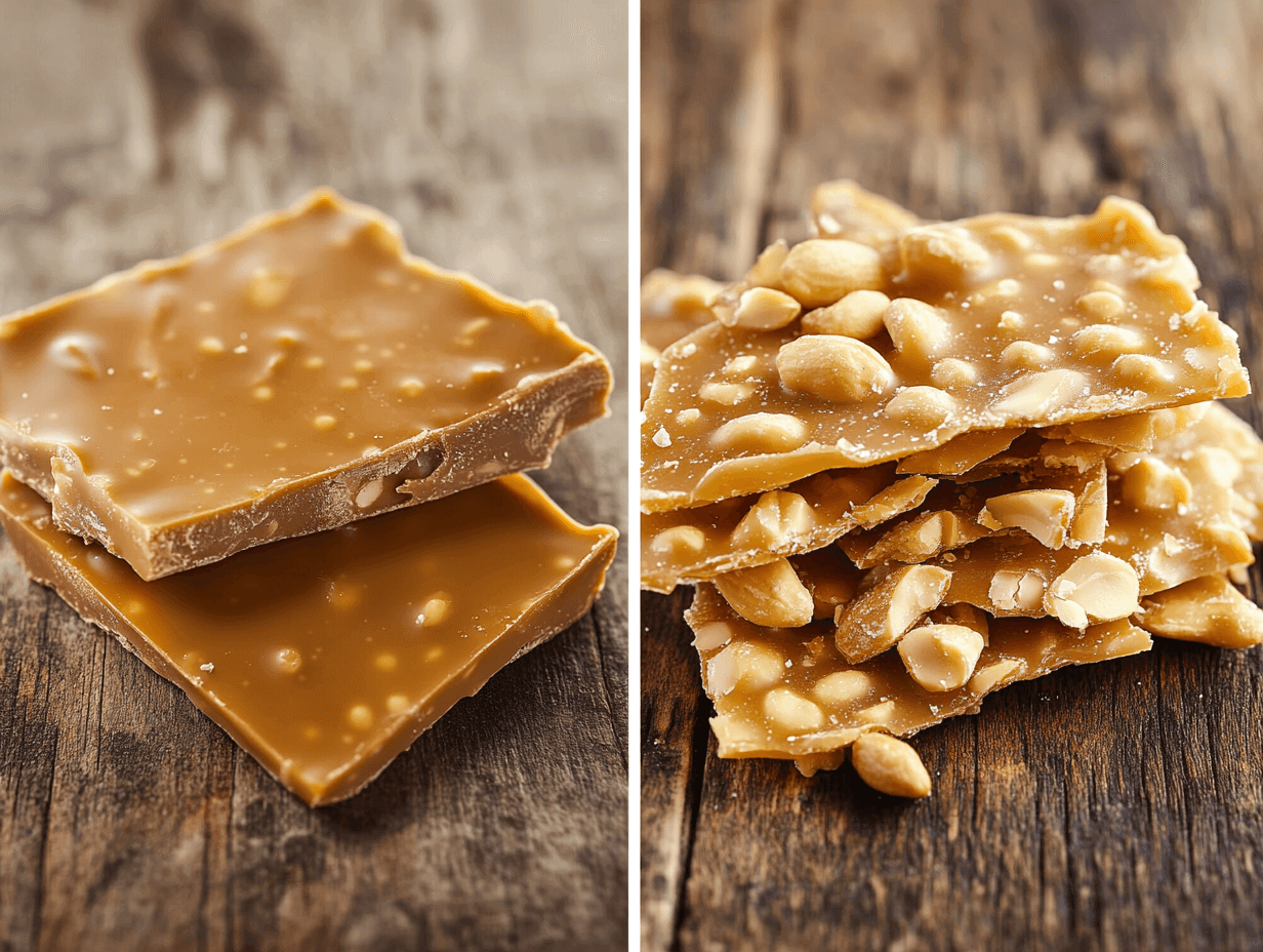 Difference between toffee and peanut brittle shown in a side-by-side visual with texture and color variations.