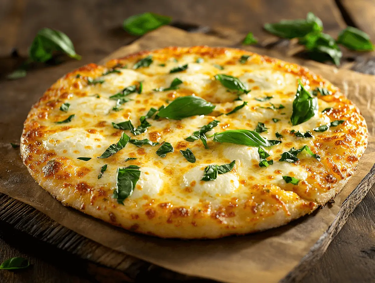 Freshly baked mozzarella pizza with basil on a wooden board