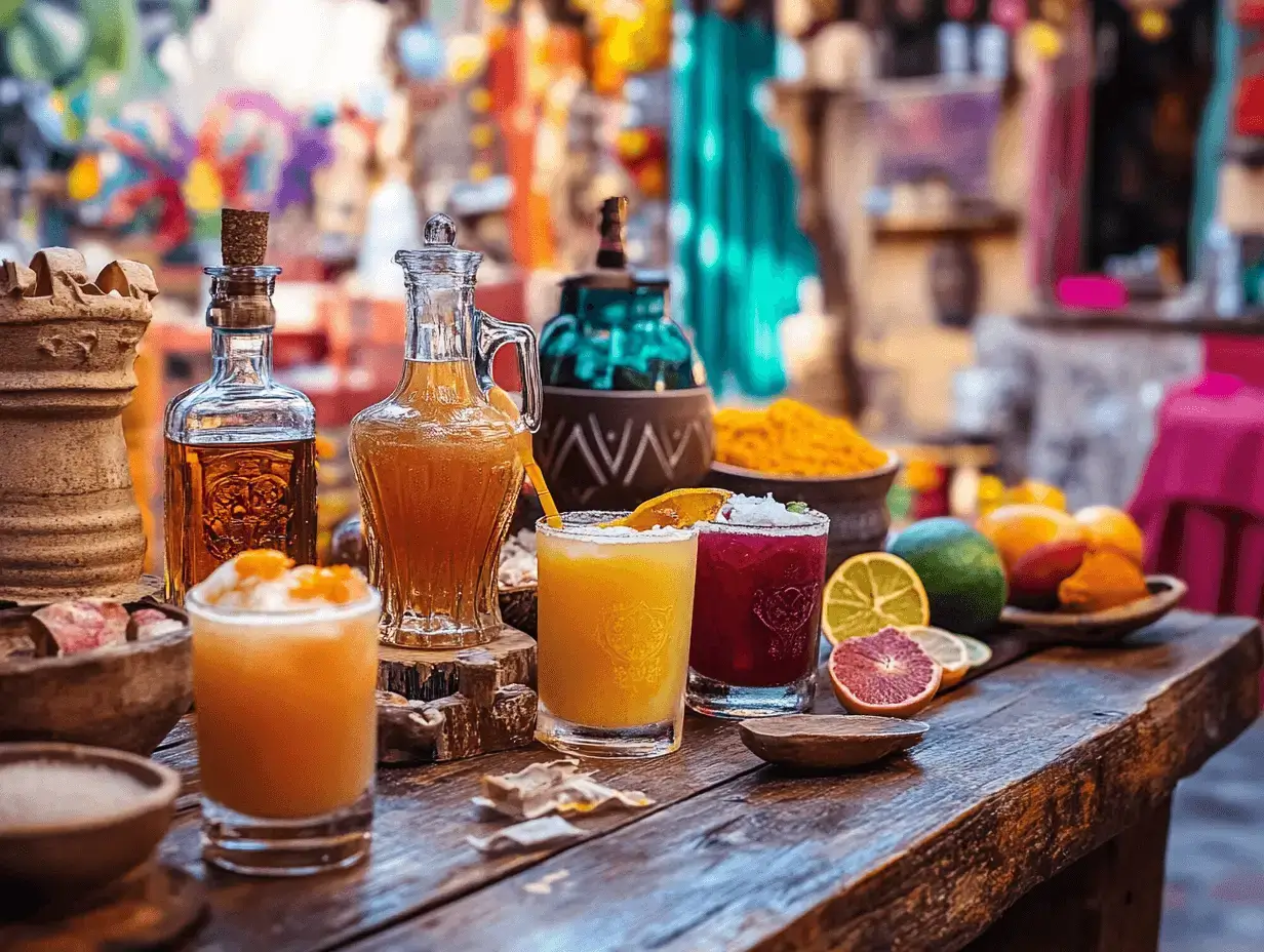 Traditional Mexican drinks displayed on a wooden table.