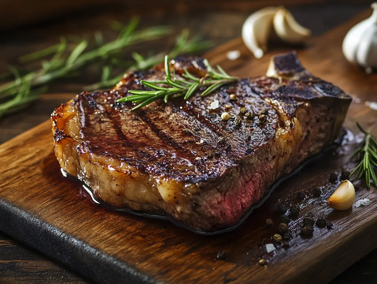 Cowboy steak parfaitement grillé sur une planche en bois.