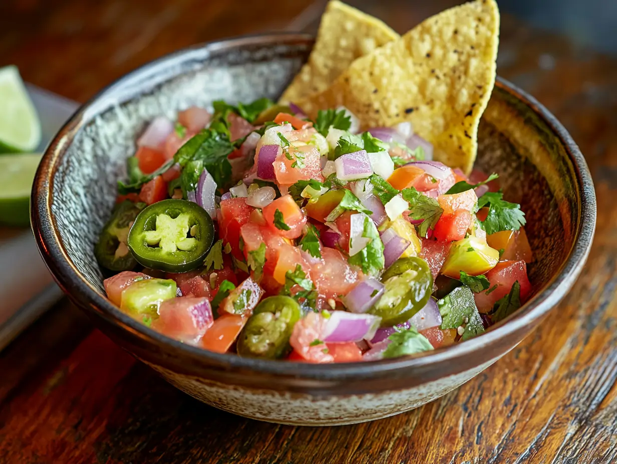 A colorful bowl of pickle de gallo with tomatoes, pickles, onions, and cilantro.