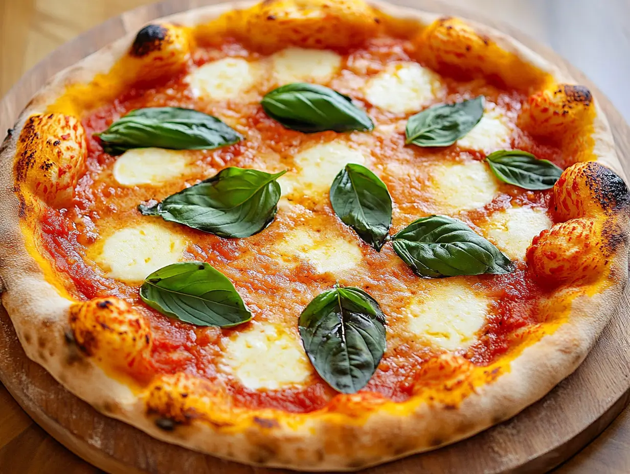 A freshly baked mozzarella pizza with gooey cheese and fresh basil.