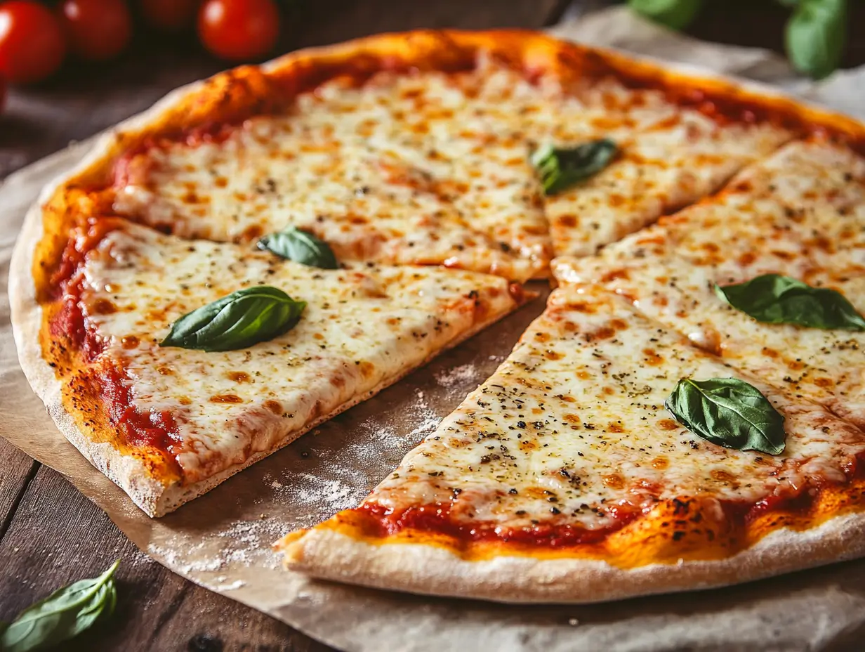 Perfectly melted mozzarella cheese on a freshly baked pizza