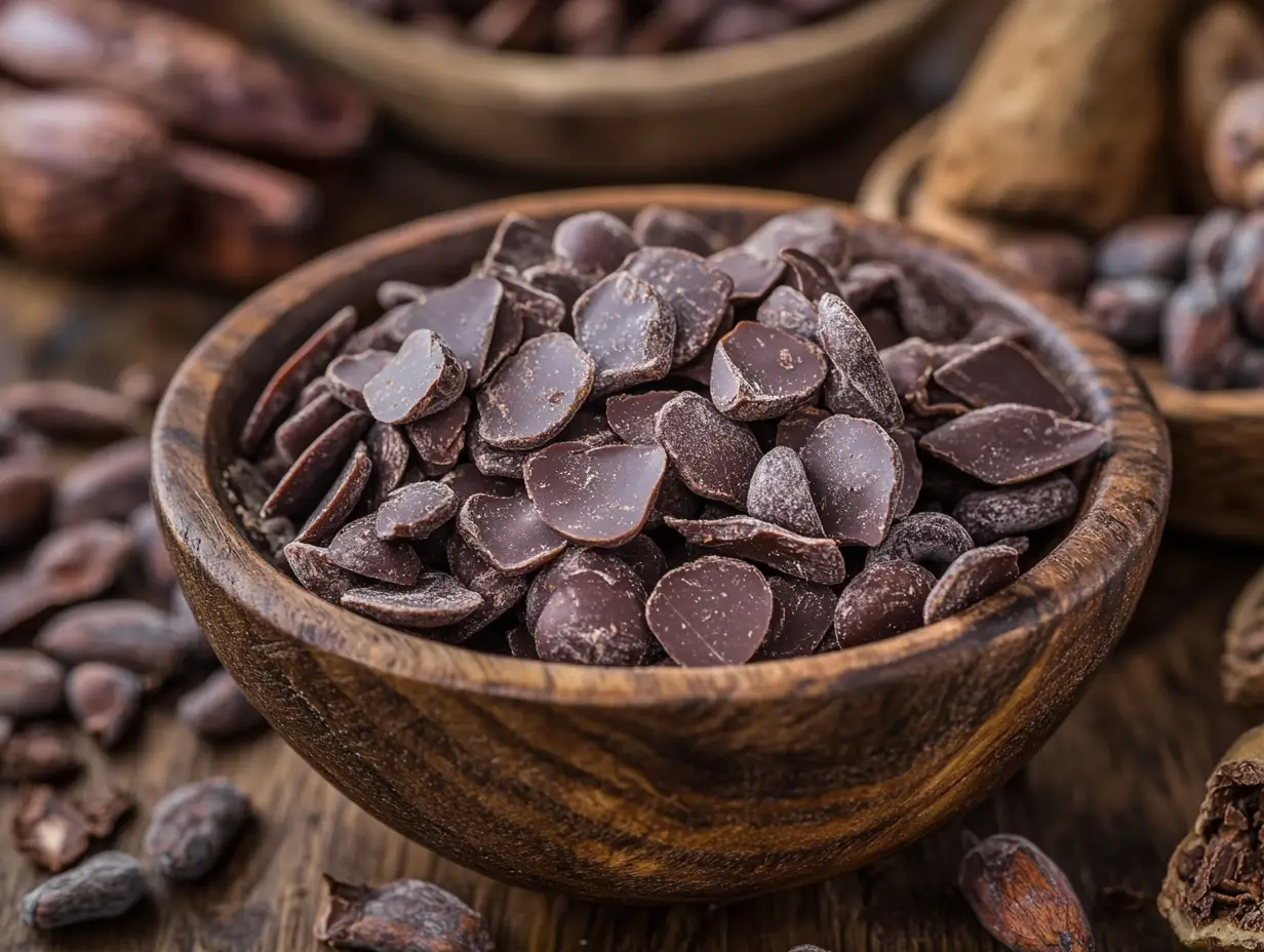 A bowl of carob chips with carob pods and cocoa beans on a wooden table