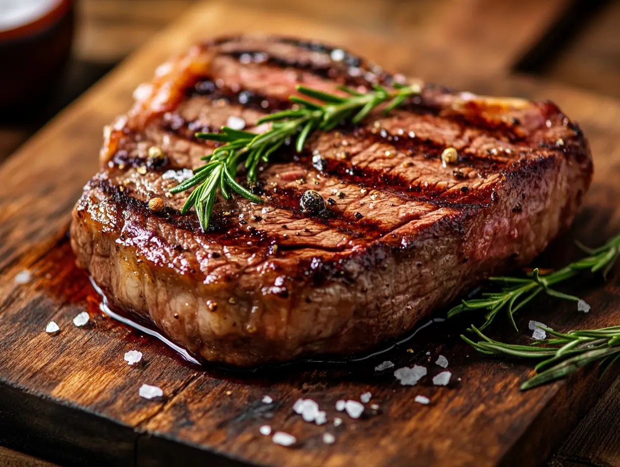Thick-cut cowboy steak with bone, grilled to perfection with a juicy interior