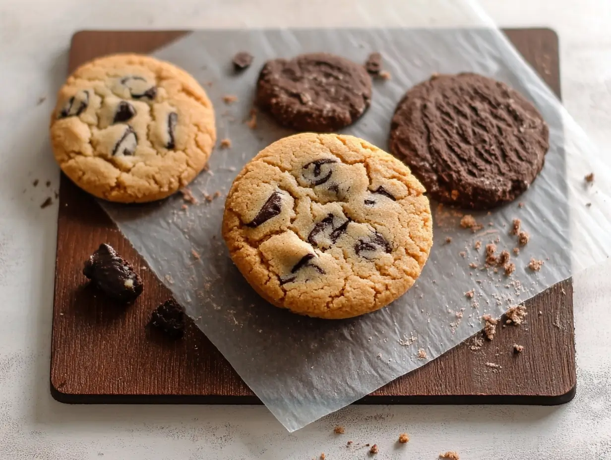 Side-by-side chewy and crunchy cookies on a wooden board.