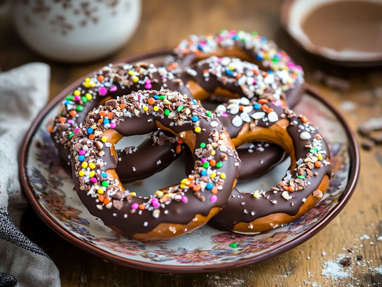 A plate of chocolate-covered pretzels with various toppings.