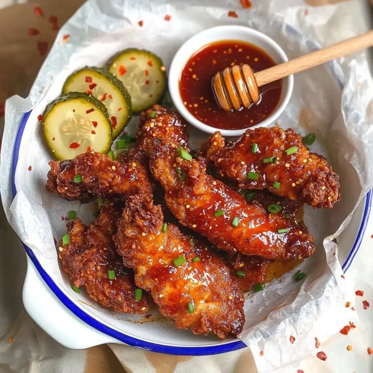 Crispy hot honey chicken tenders glazed with spicy-sweet sauce, garnished with green onions, served with cucumber slices and honey hot sauce in a white bowl with blue rim.