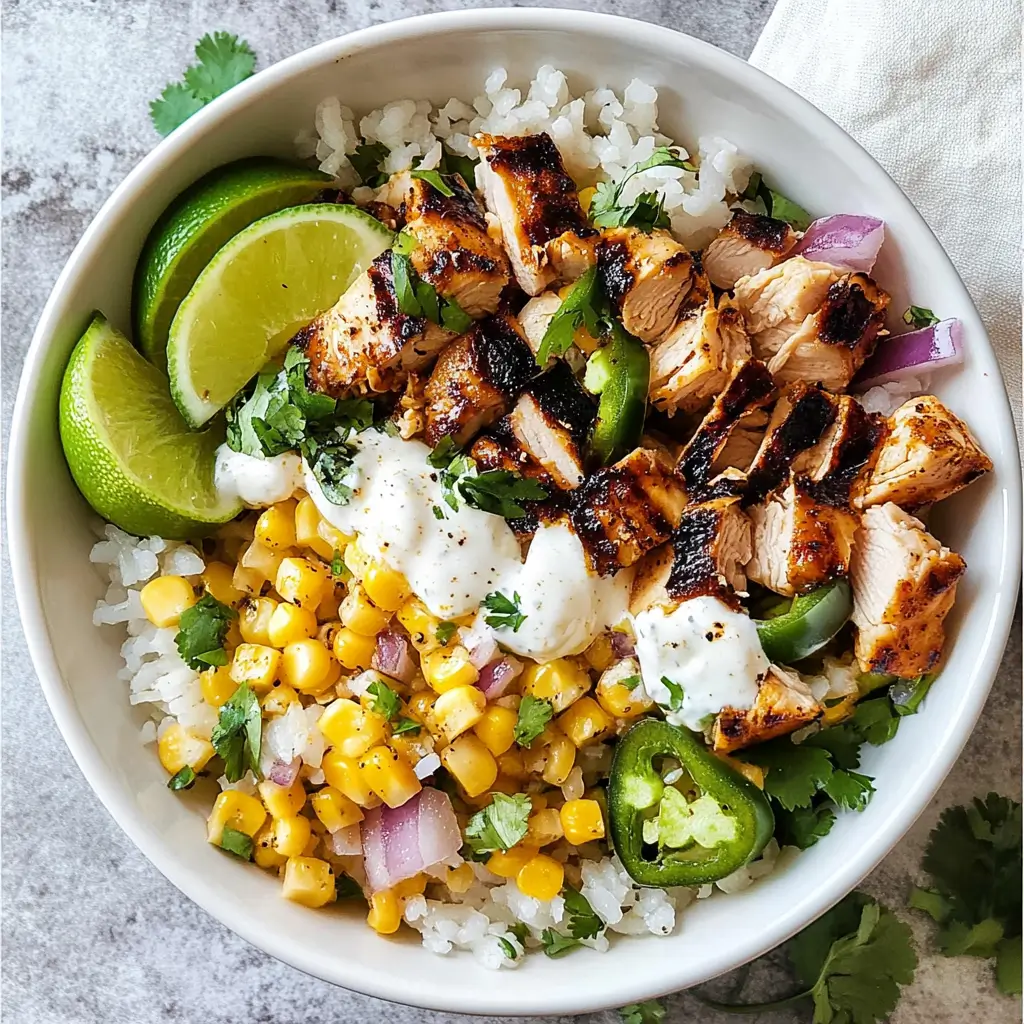Street Corn Chicken Rice Bowl with grilled chicken, roasted corn, cotija cheese, jalapeños, cilantro, and lime wedges on white rice